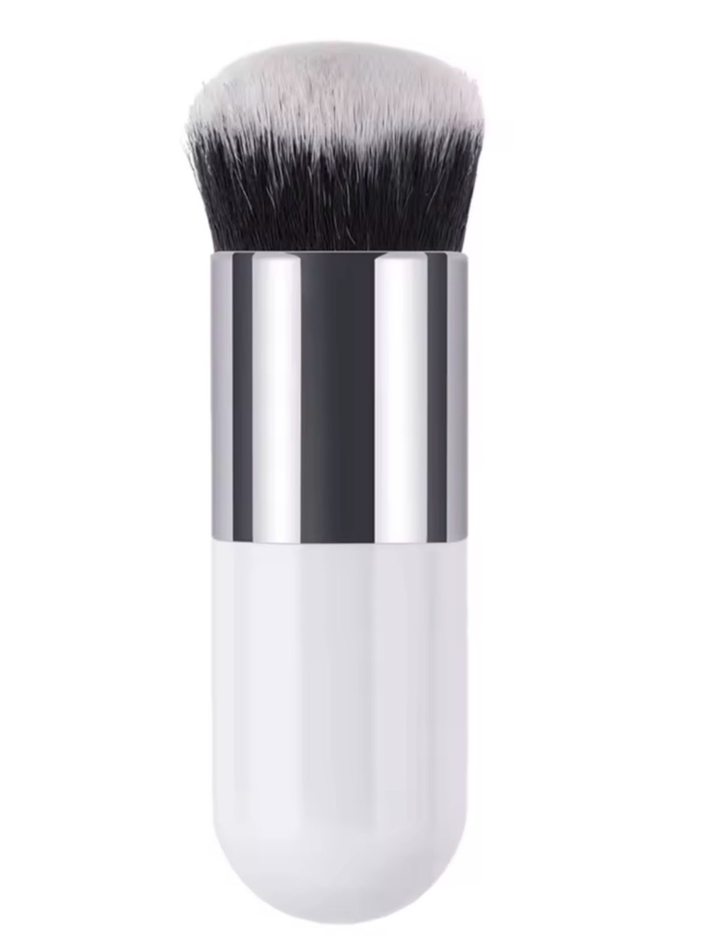Portable White & Silver Makeup Kabuki Brush - Soft Dense Bristles